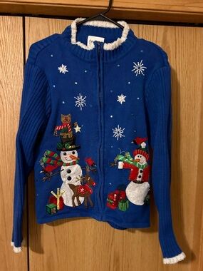 Festive Blue Snowman Christmas‎ Zip Cardigan Sweater Vintage Carly St Claire